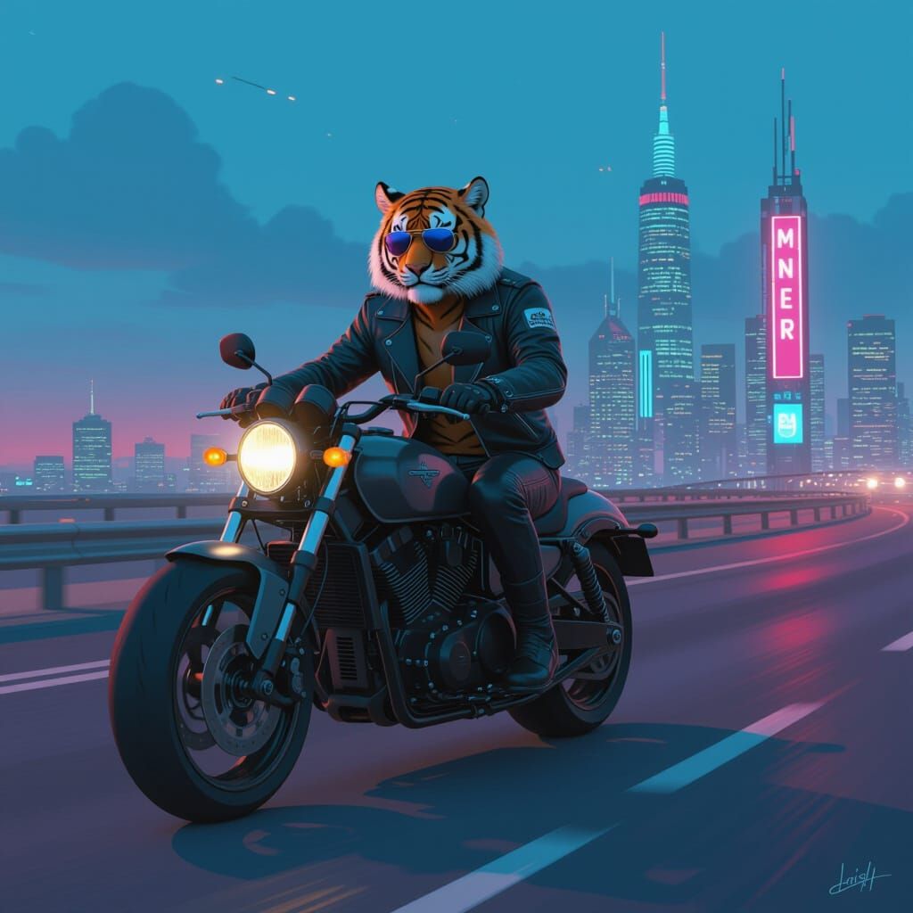 Tiger Rider on Motorcycle in Futuristic Neon City