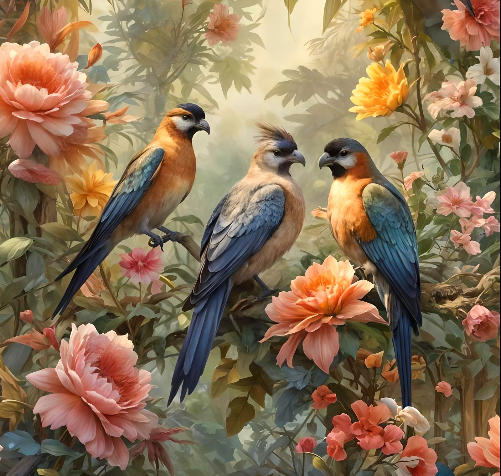Feathered Birds Perched Among Flowers in Romanticism Style