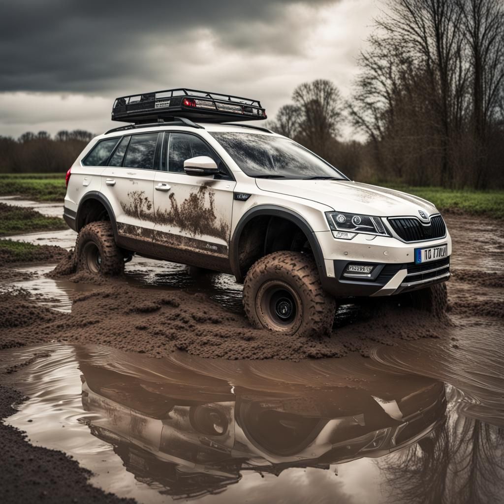 White Skoda Octavia Monster Truck in Muddy Flood