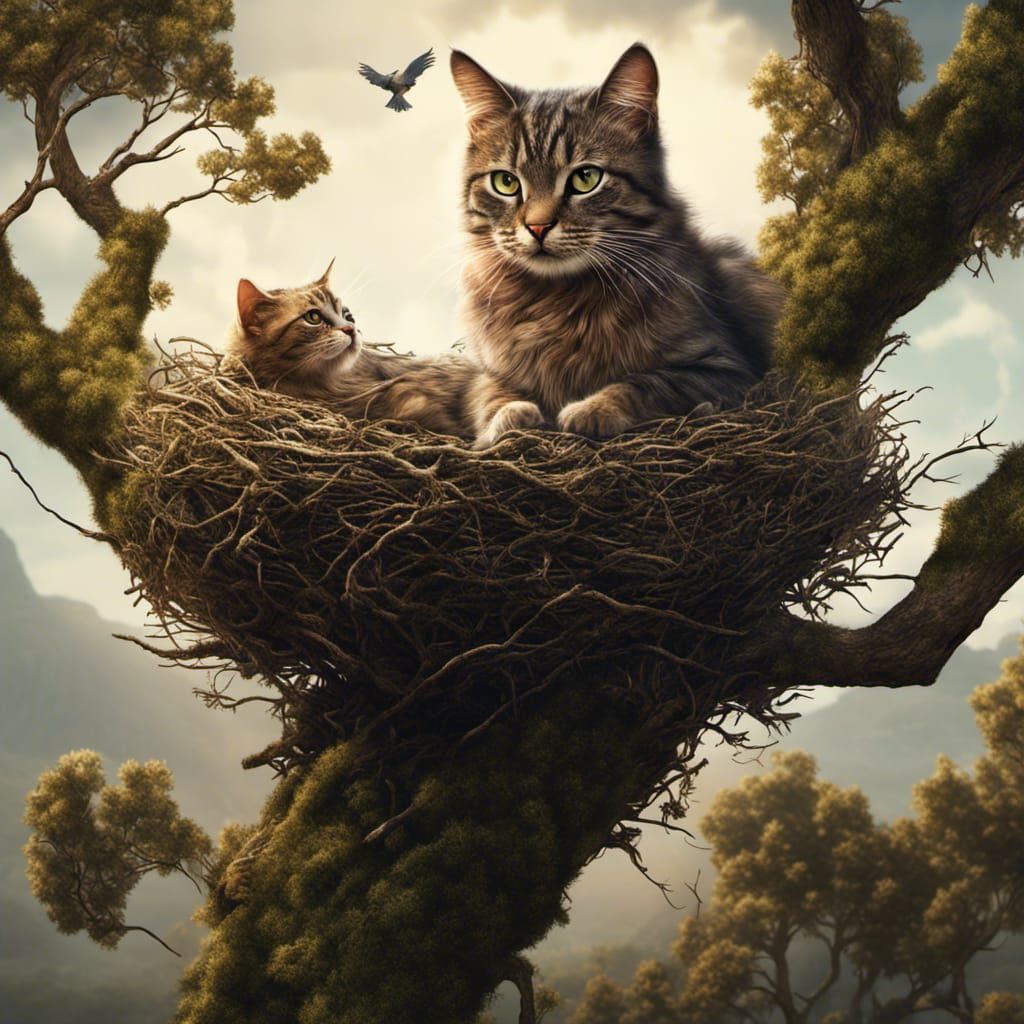 Detailed Cat Watching Bird Nest on Branch