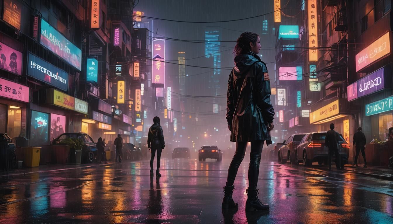 Cyberpunk Cityscape: Female Protagonist in Rainy Neon Night