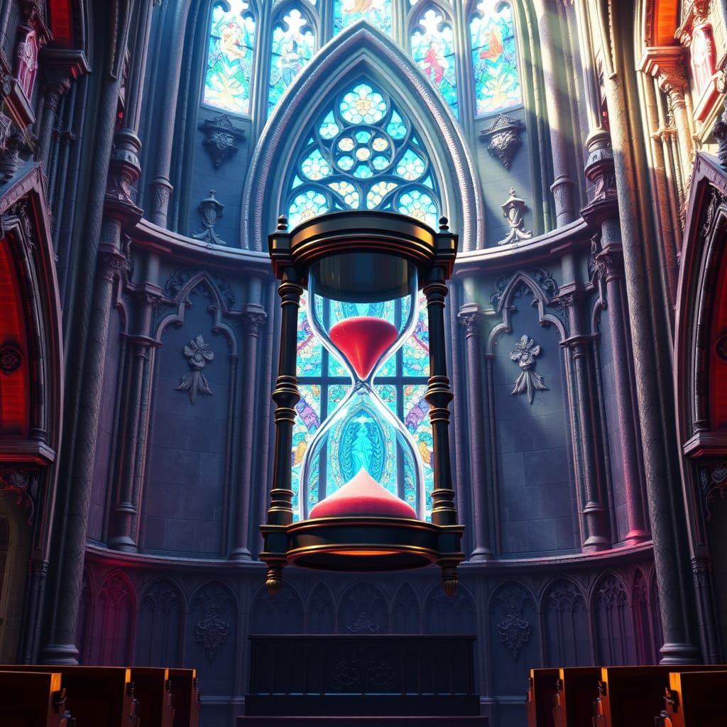 Surreal Stained Glass Hourglass in Gothic Church