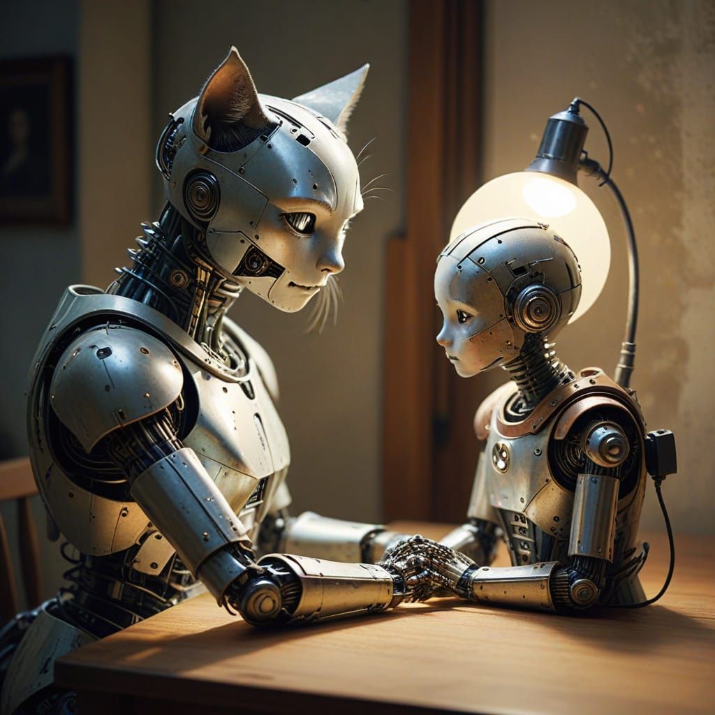 Robot Cat Cuddles with Girl: Fantasy Watercolor