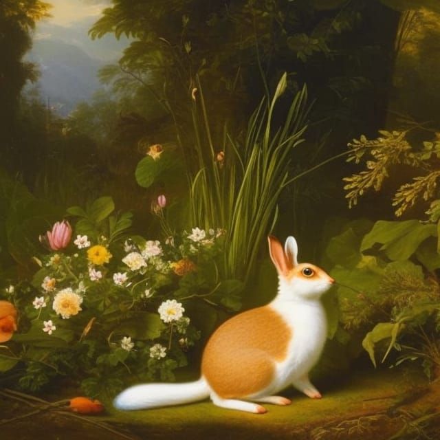 Rabbit Nibbling Carrot in Lush Garden, Digital Art