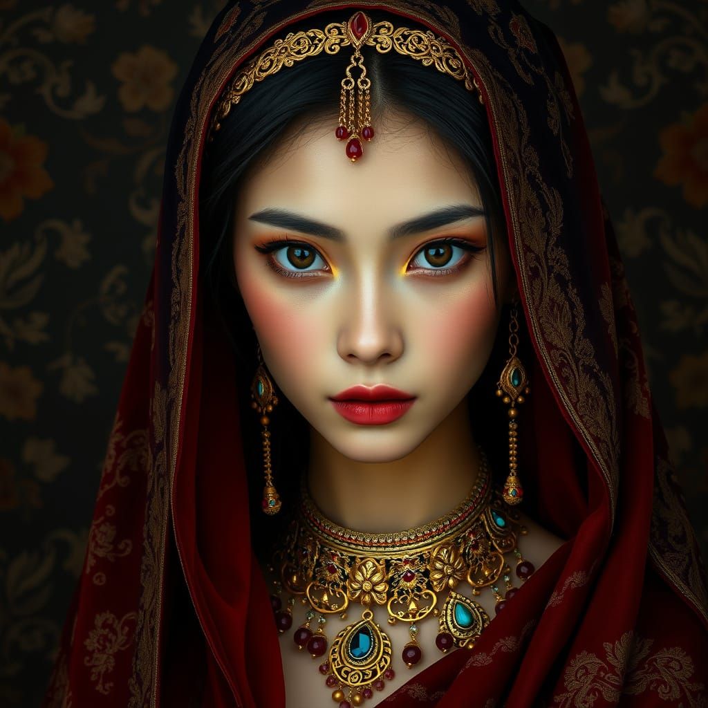 Regal Asian Goddess in Crimson Velvet Veil