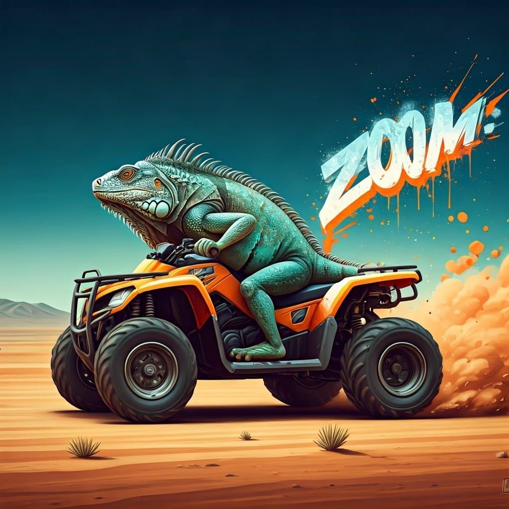 Iguana Drives ATV in Graffiti Splash Art Style