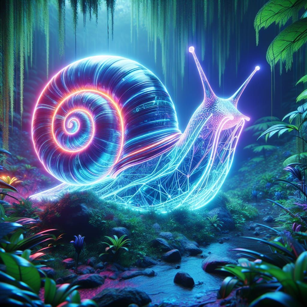 Cyberpunk Glass Snail in Lush Underbrush
