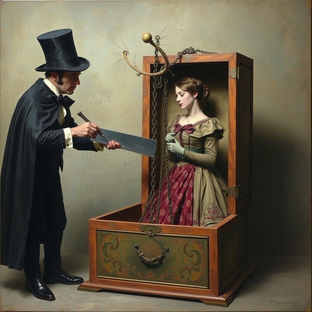 Magician Sawing Woman: Mixed Media Assemblage