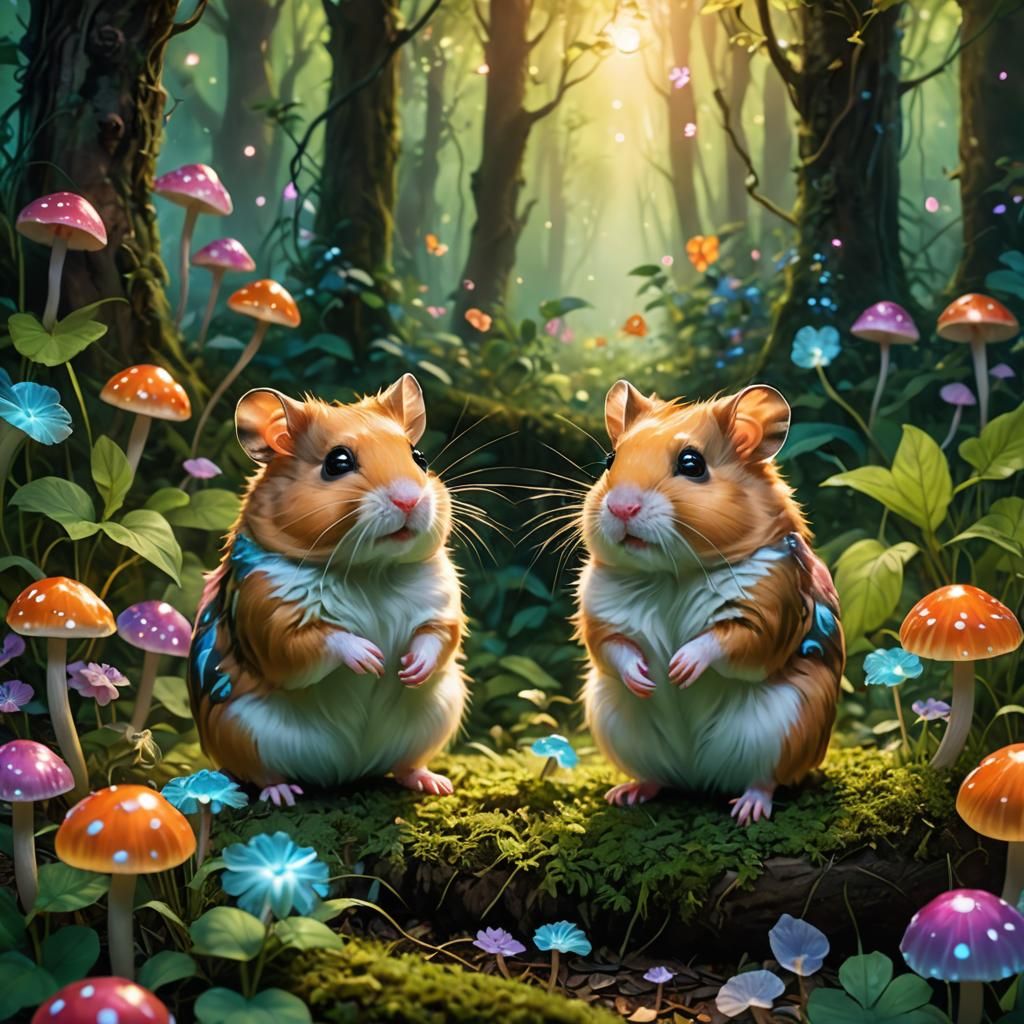Magical Hamsters in Enchanted Forest: Fantasy Illustration