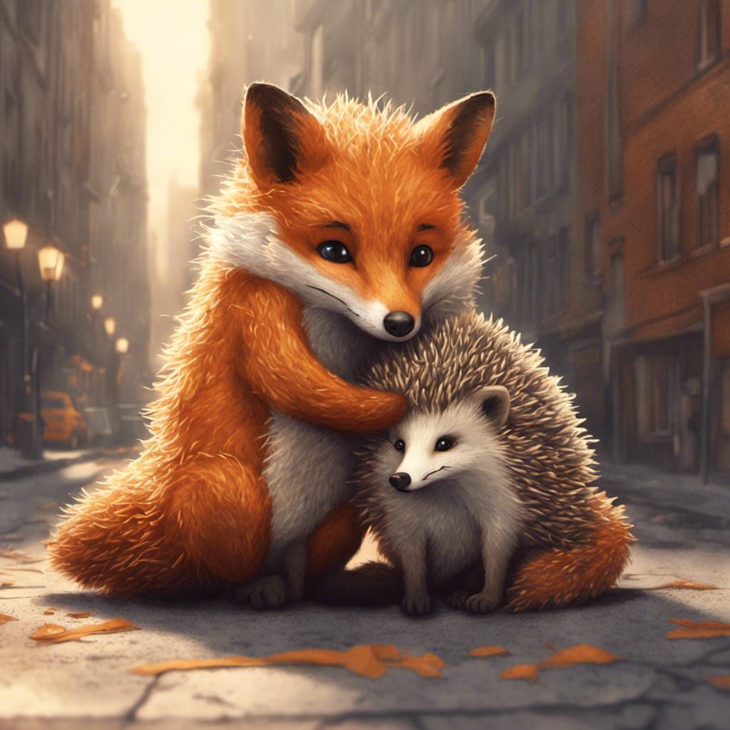 Fox and Hedgehog Hugging in Crochet Wool Style