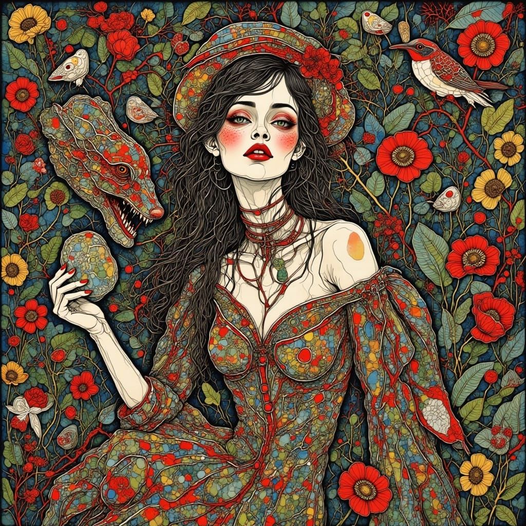 Elegant Woman Posing in Lush Garden, Art Nouveau Style