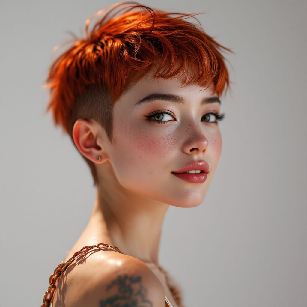 Young Asian Woman with Red Pixie Cut in Vibrant Colors