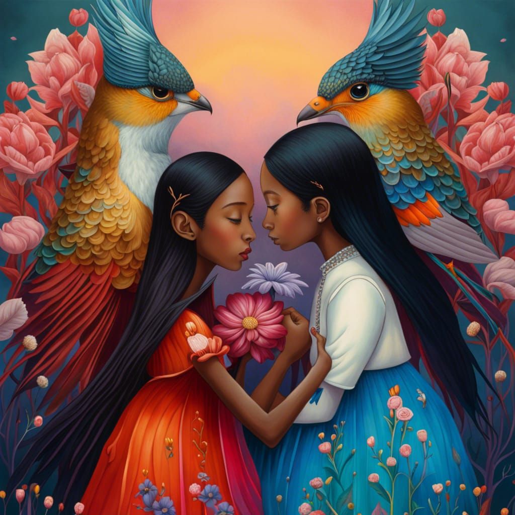 Fairytale Portrait of Siblings with Birds and Flowers