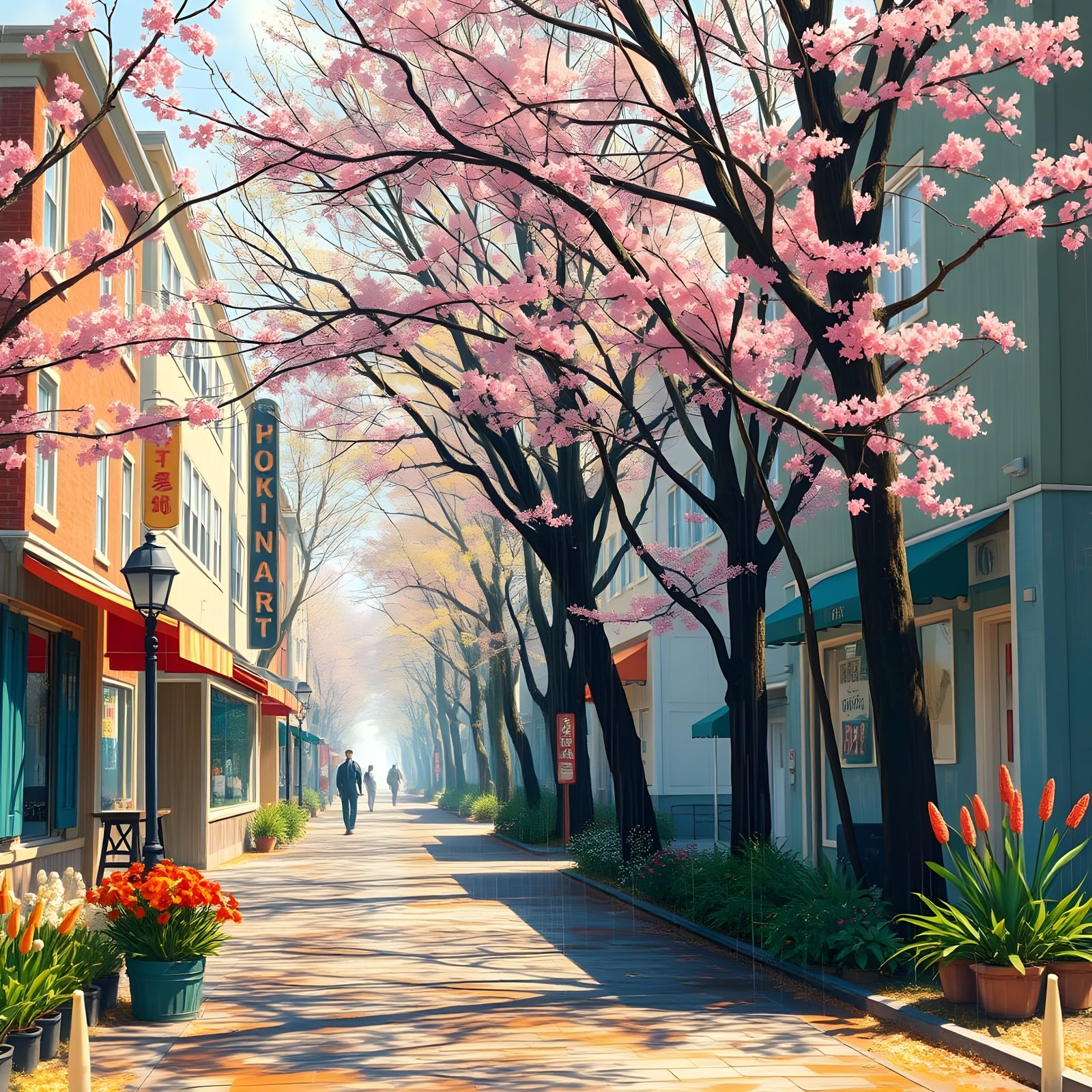 Vibrant Spring Street Scene in Hyperrealistic Splash Art Sty...