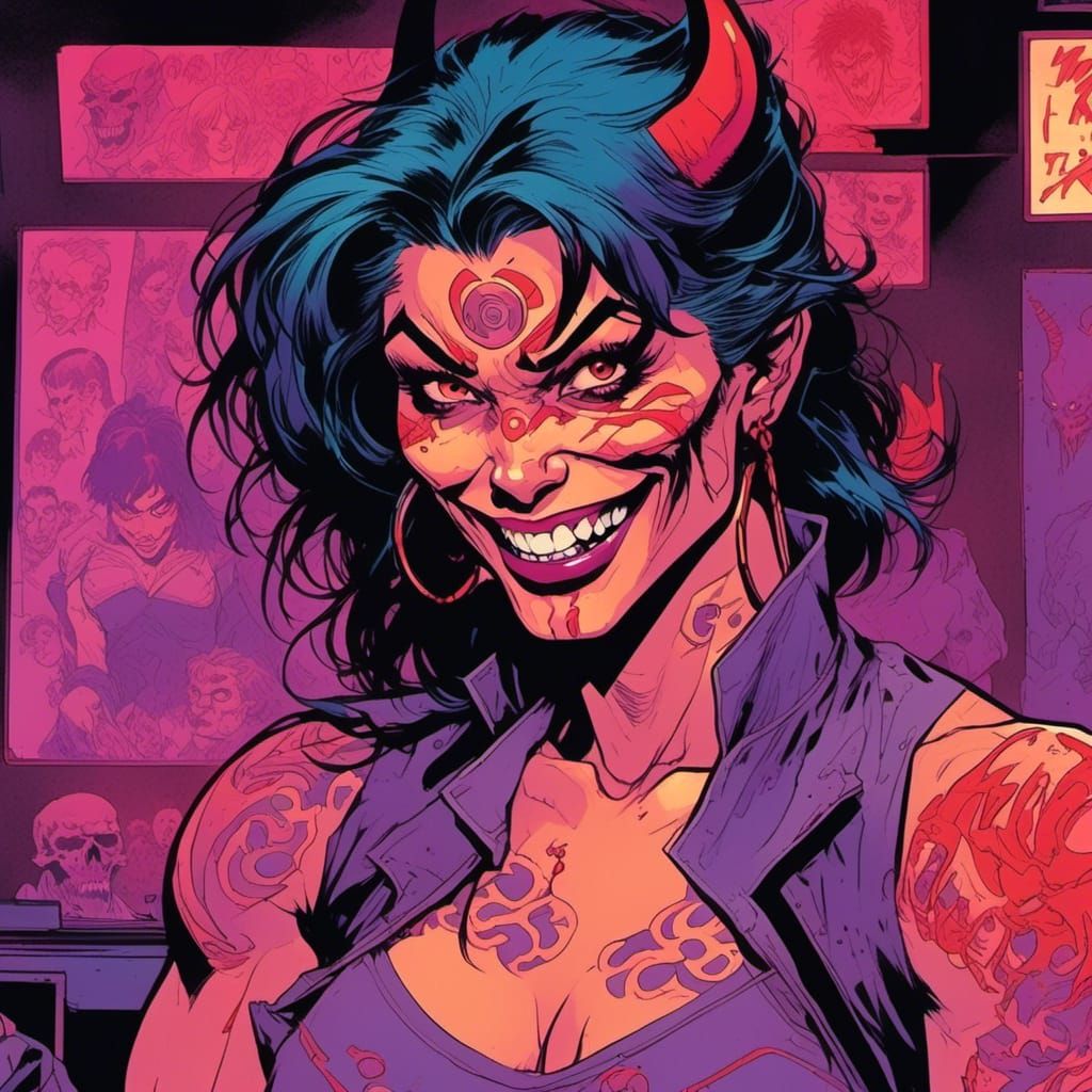 Japanese Demoness in Synthwave Neon Palette