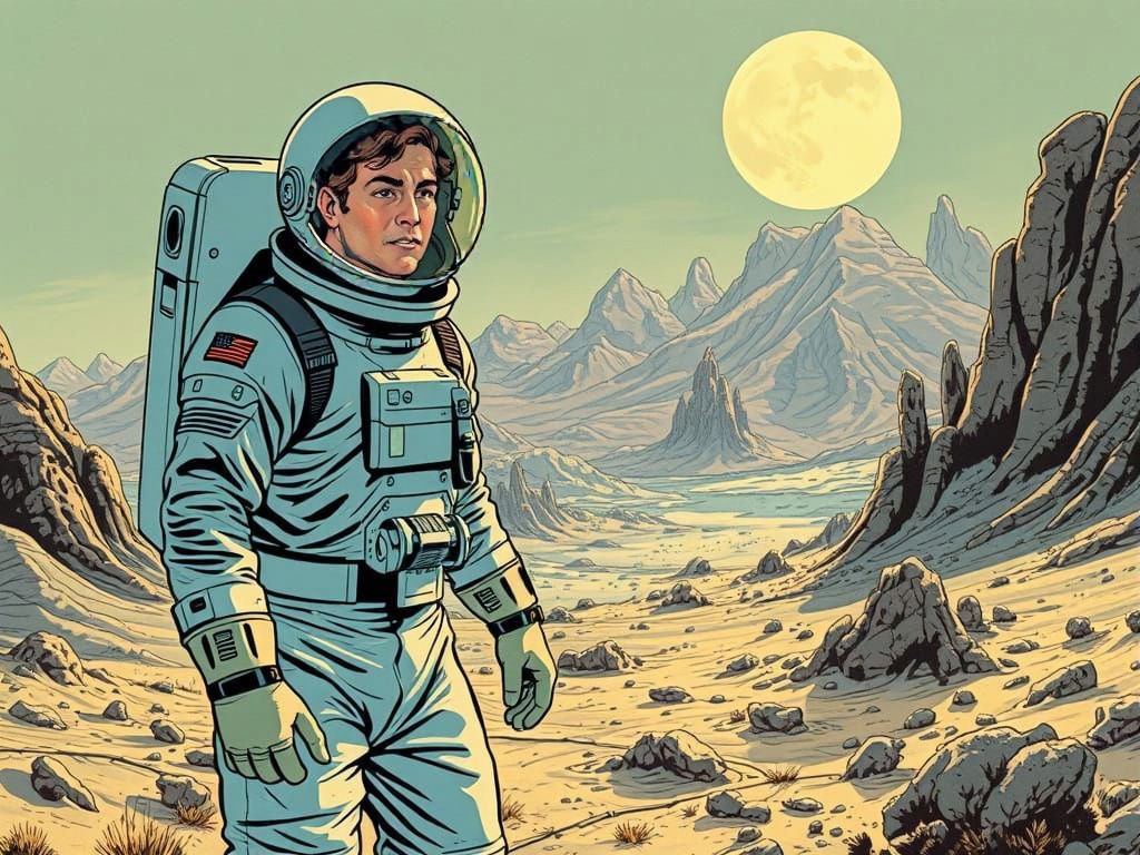 Astronaut in Retro-Futuristic Alien Landscape