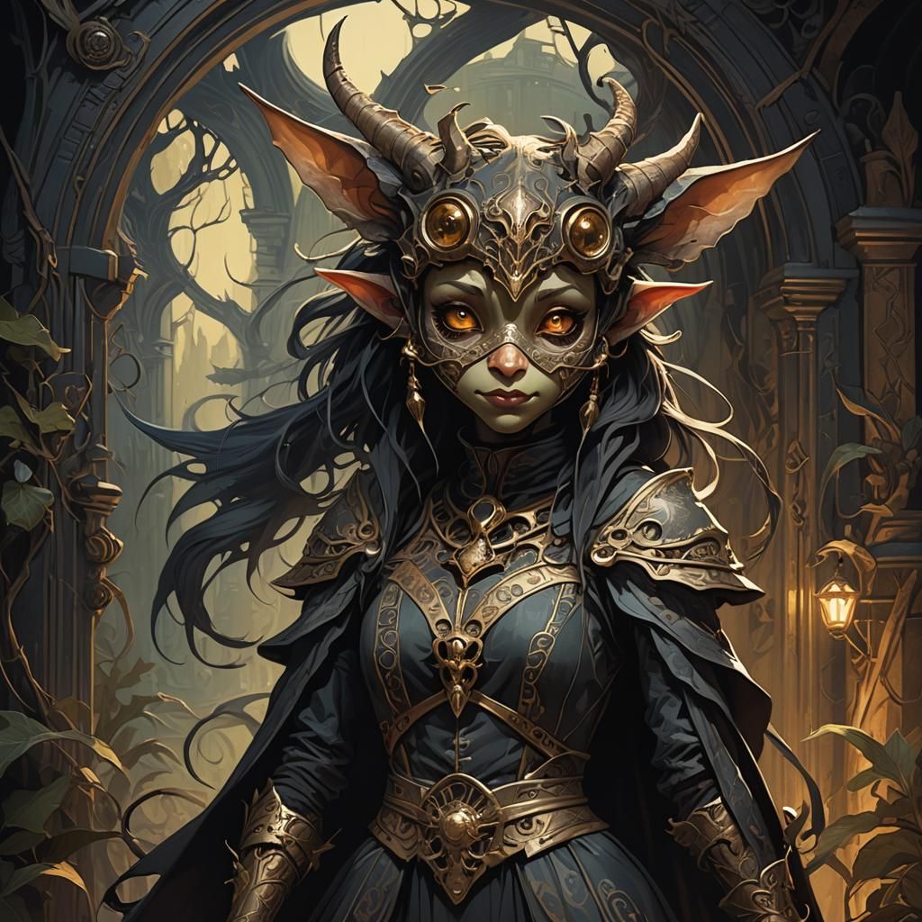 Kobold Girl in Mask, Dark Fantasy Art Nouveau