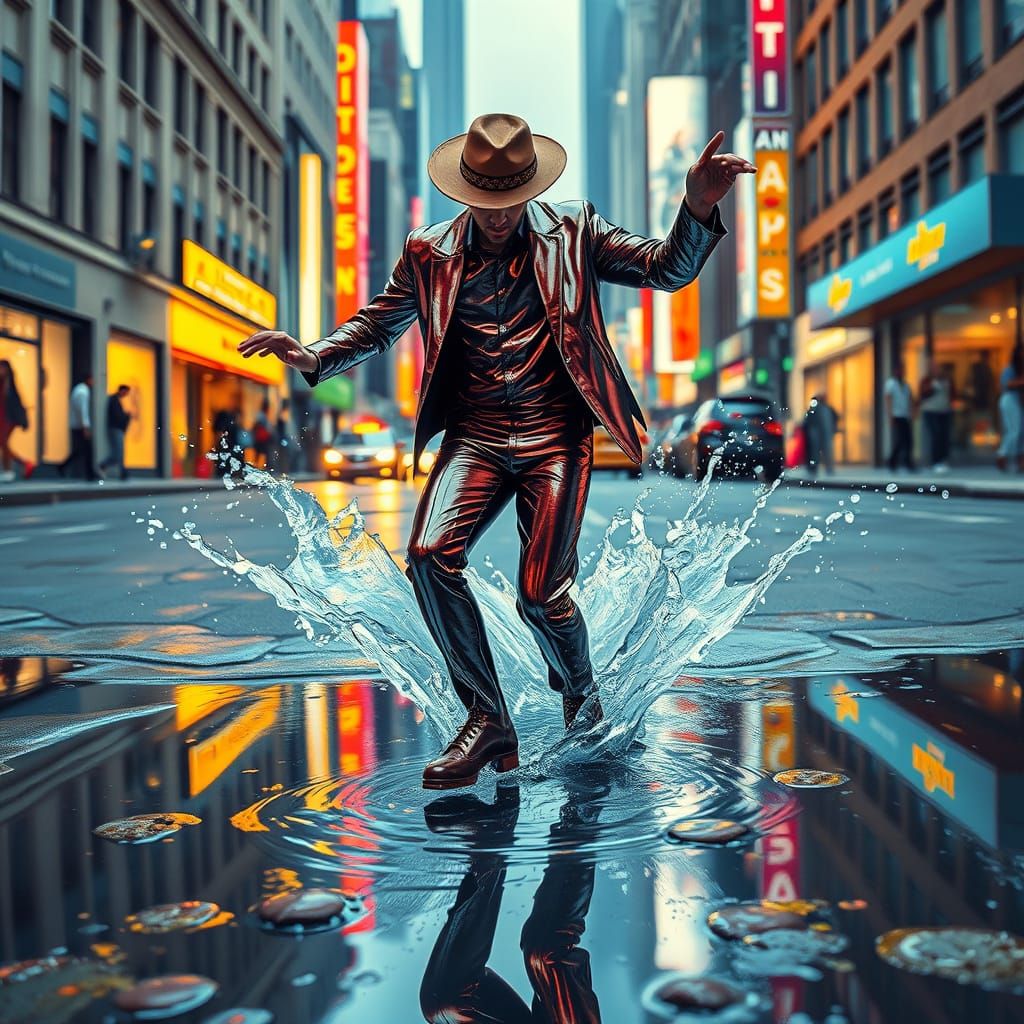 Tap Dancer Leaps in Splashing City Puddle