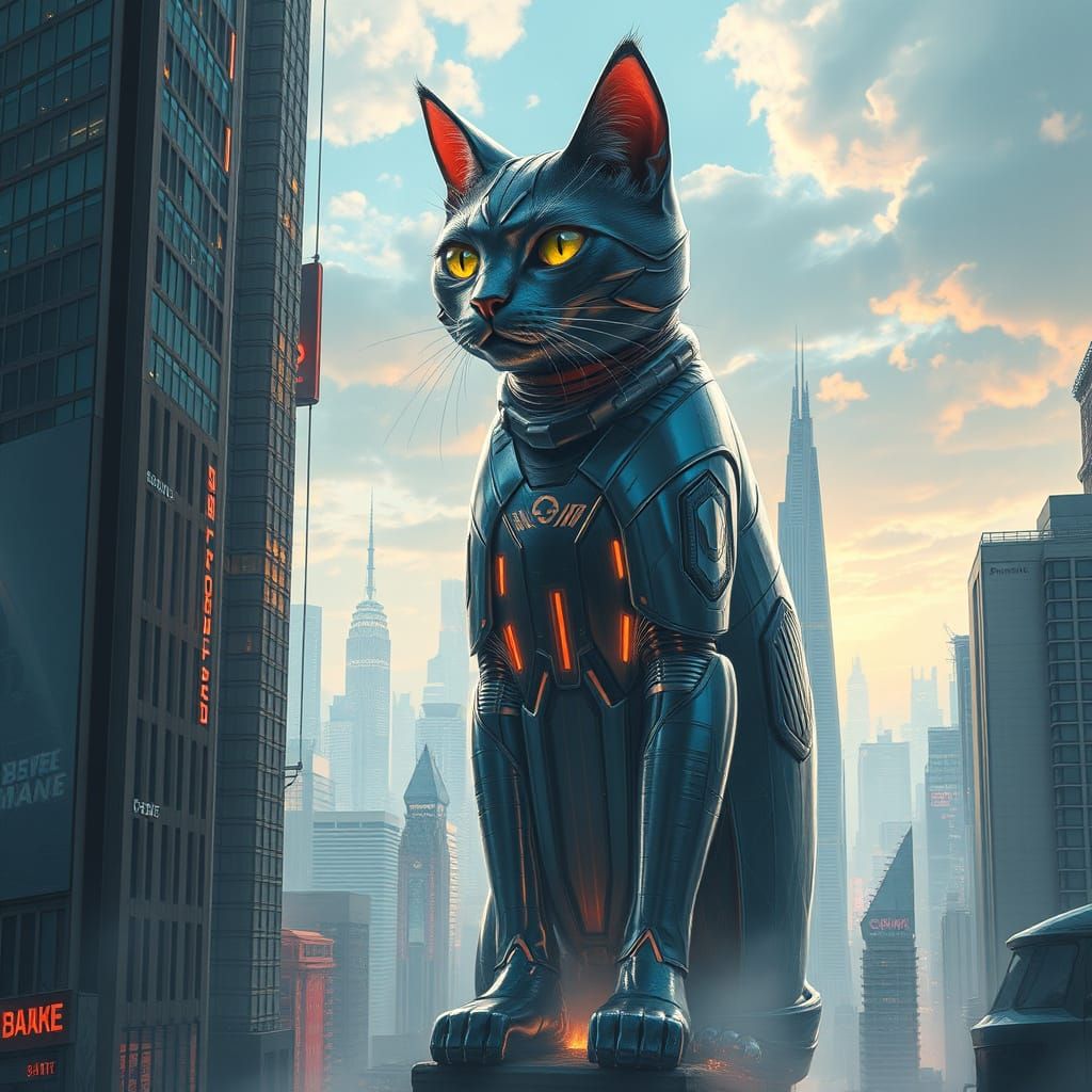 Cyberpunk Cat Skyscraper Dominates Metropolis