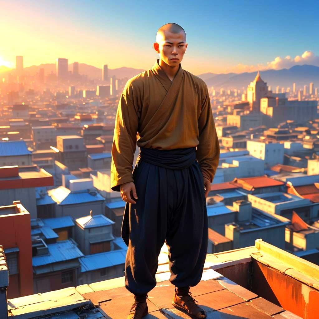 Warrior Monk Overlooking Fantasy City, Digital Art