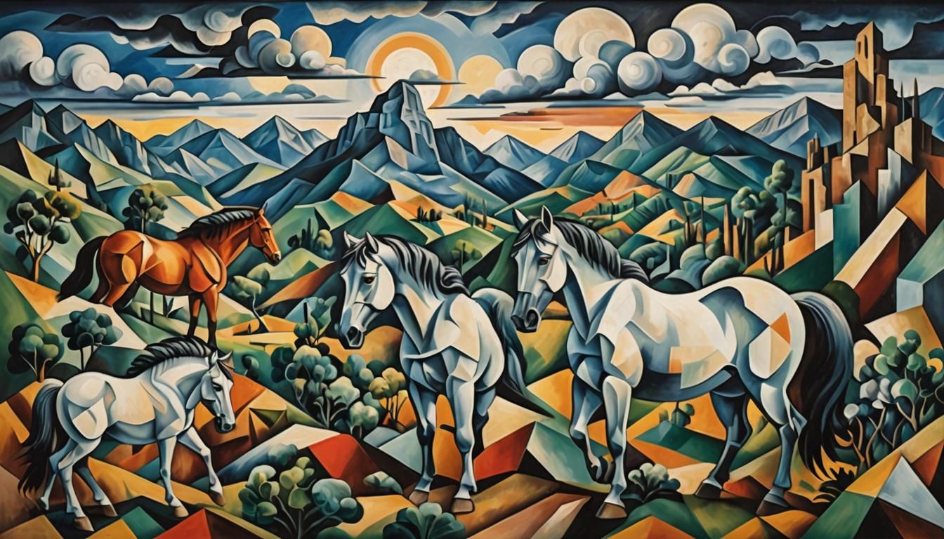 Cubist Landscape with Wild Horses and Stormy Sky