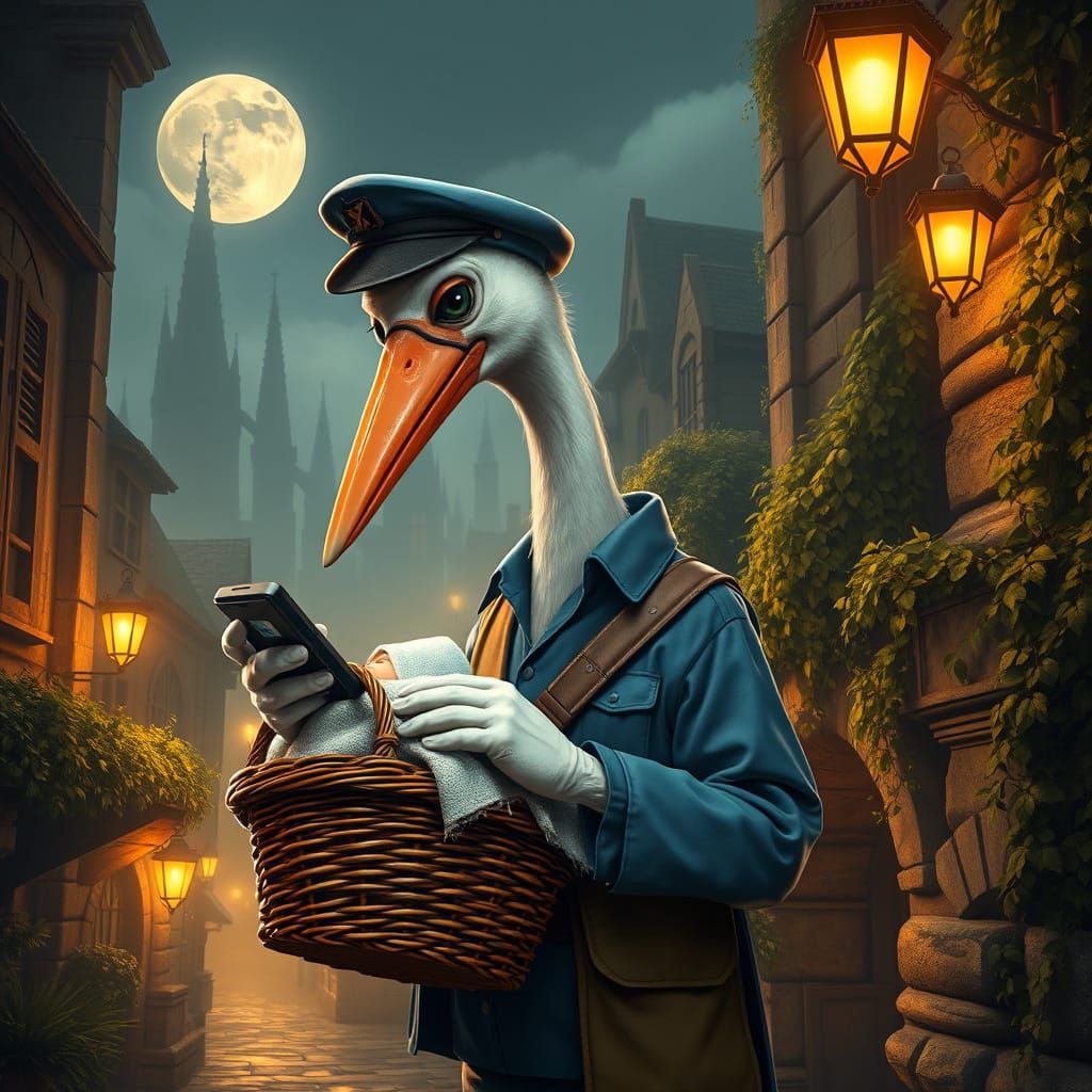 Fantasy Mailman Stork Navigates Moonlit Streets with GPS