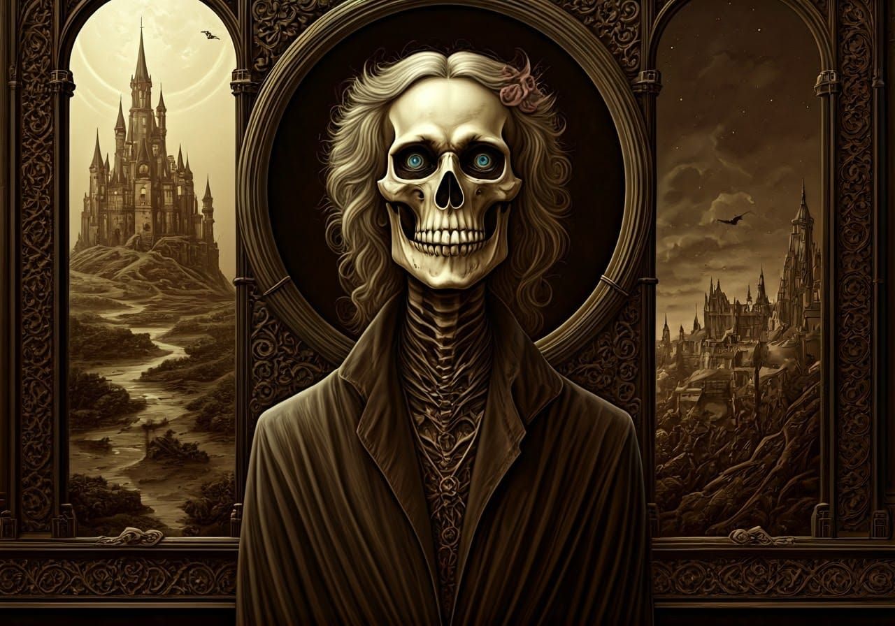 Romantic Skeleton Portrait with Bats in Lace Chemigram Style