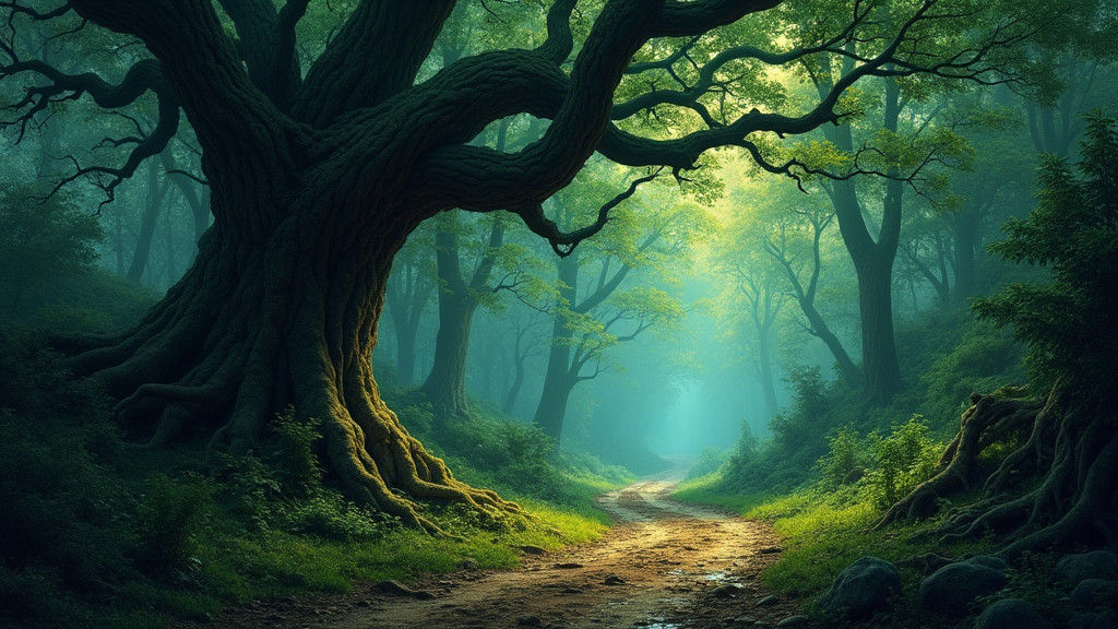 Mystical Forest with Ancient Tree, in Oil Painting Style
