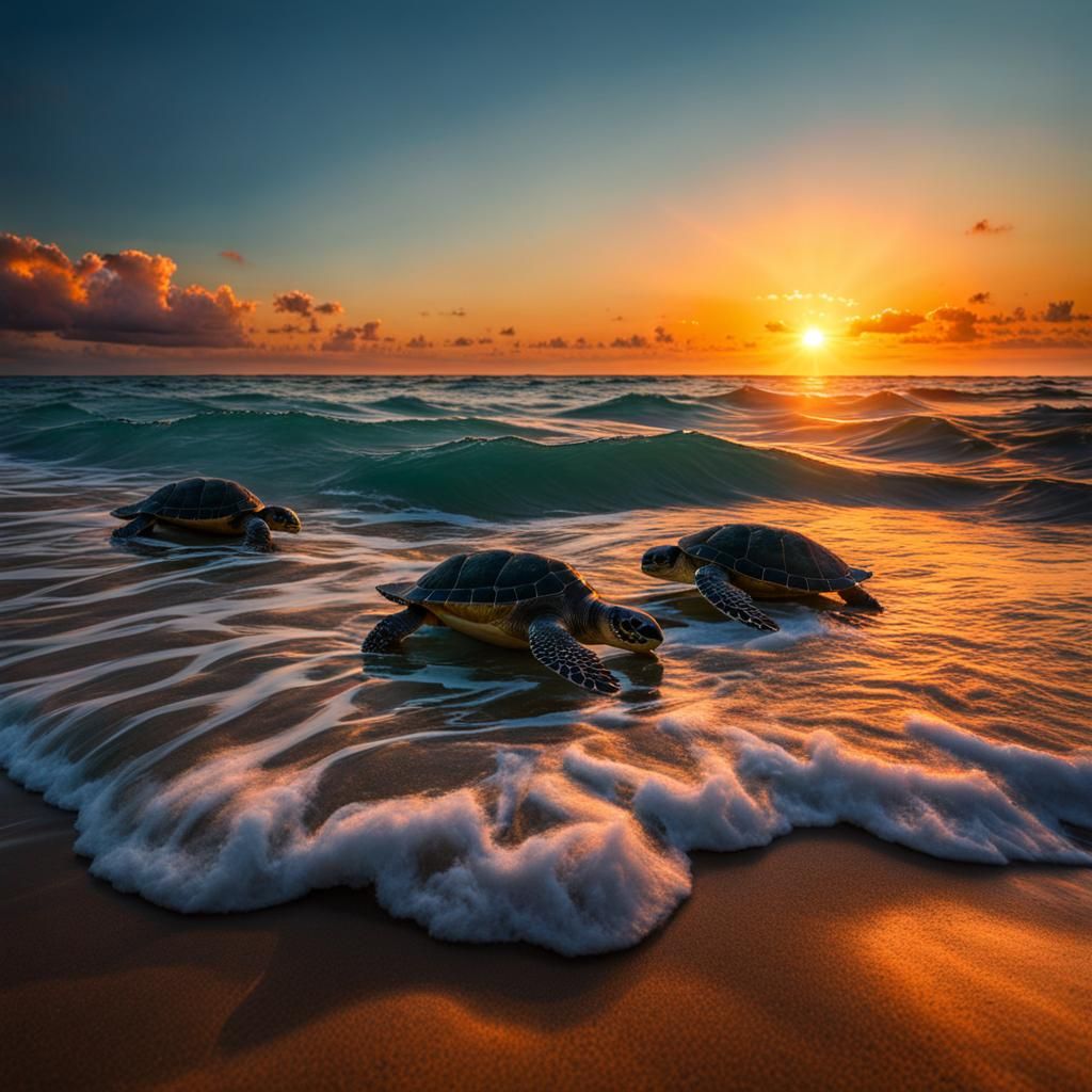Sunset Seascape with Sea Turtles
