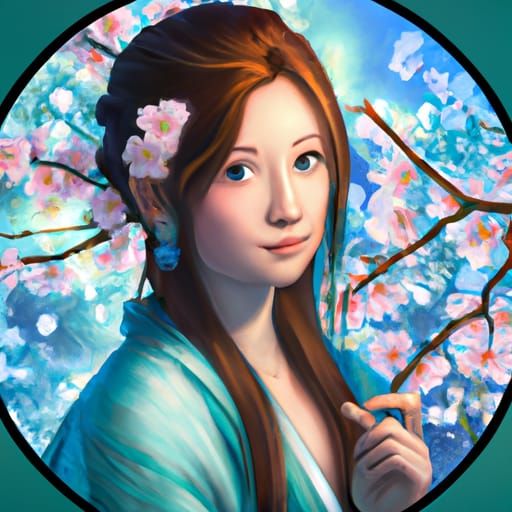 Blossoming Cherry Branch in Circle, Hyperdetailed Art