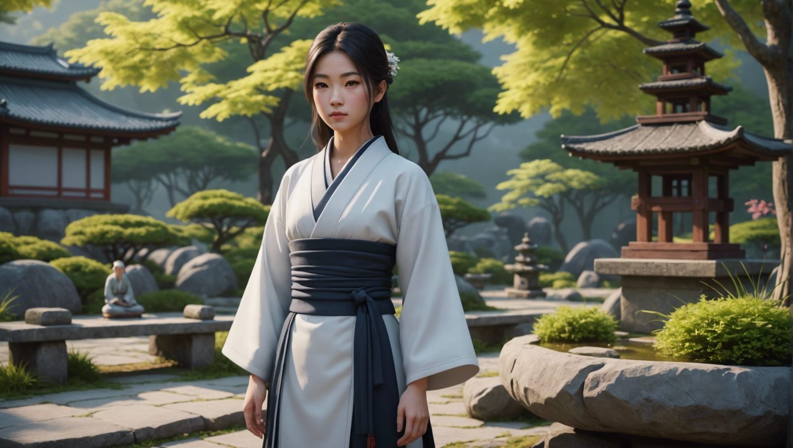 Asian Woman in Zen Garden: 3D Anime Art