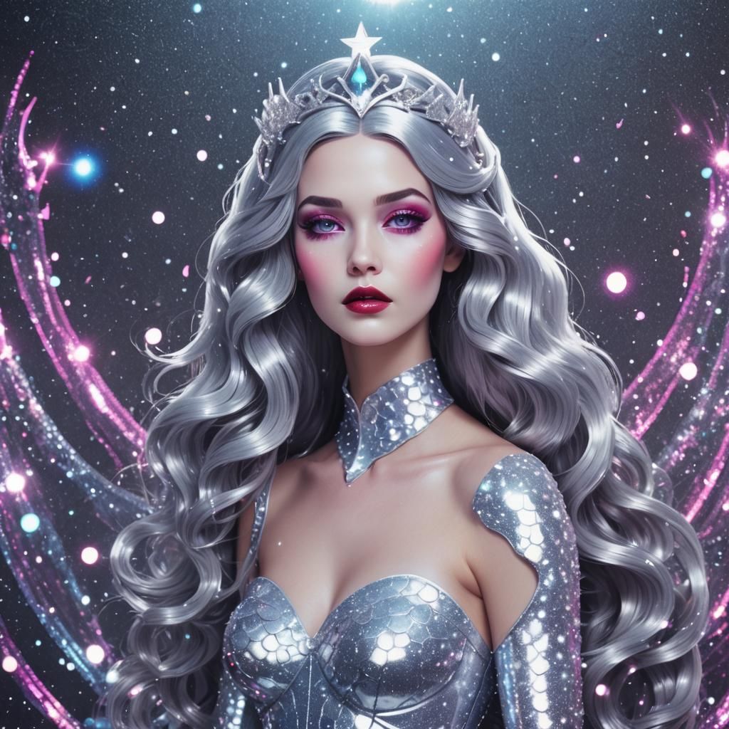 Synthwave Space Mermaid with Silver Sparkles