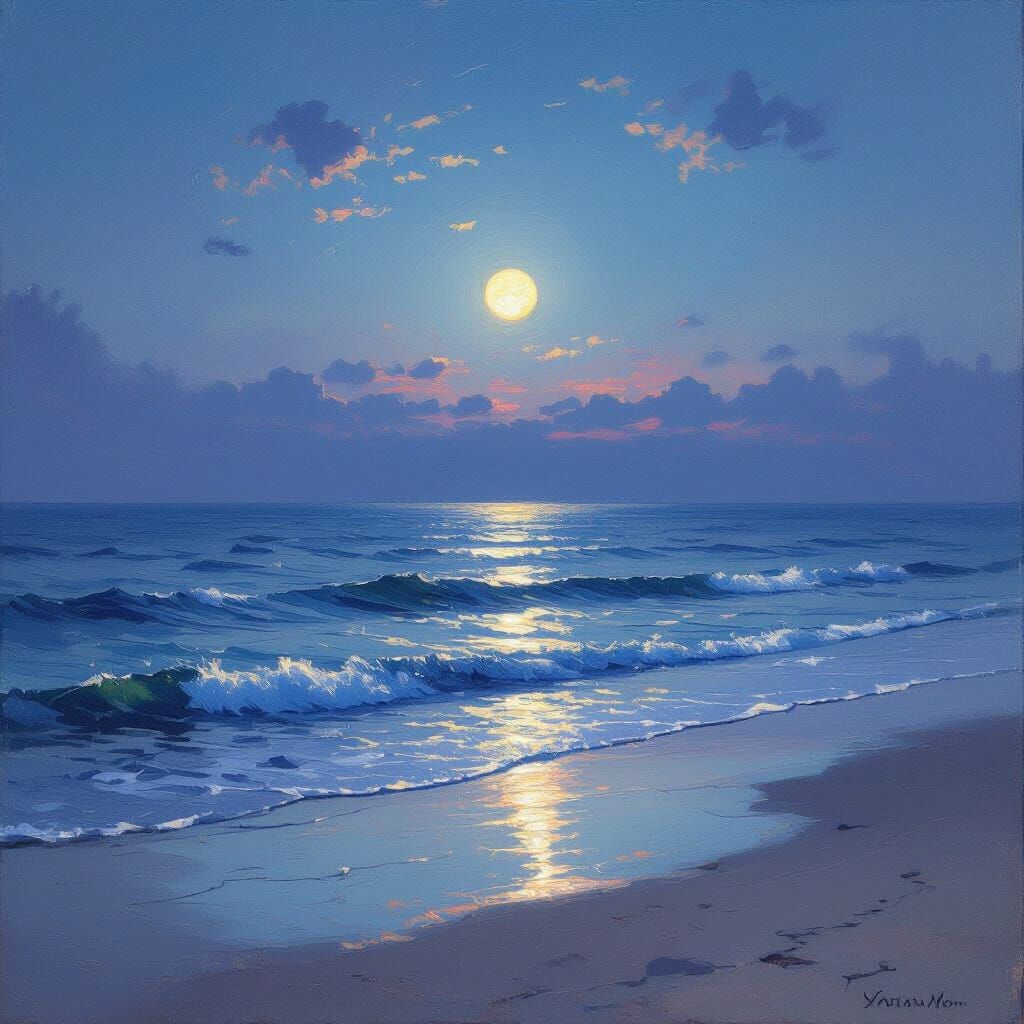 Serene Twilight Ocean with Gentle Waves in Impressionistic S...