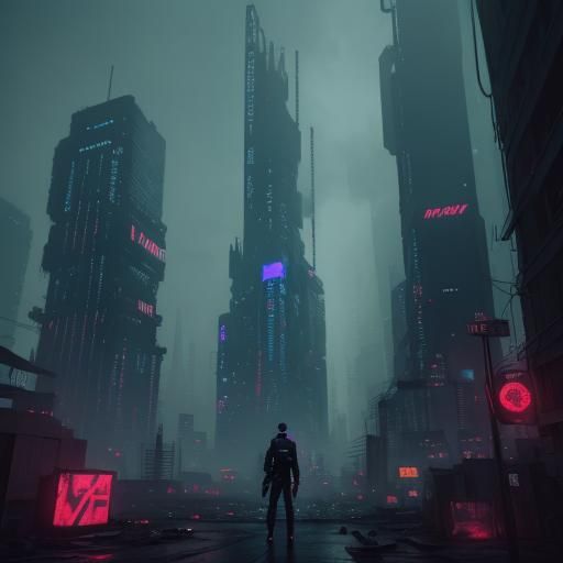 Cyberpunk Cityscape: Lone Figure in Neon Noir