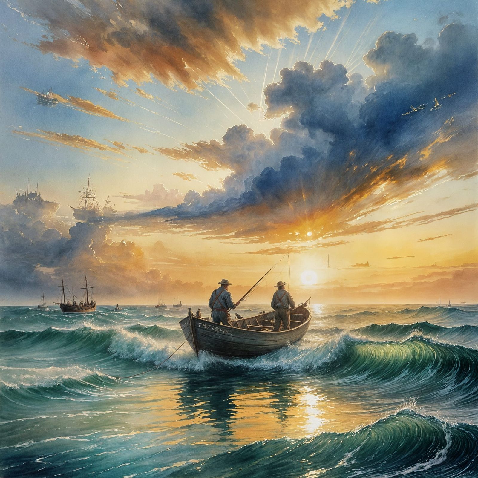 Fishermen at Sea: English Romantic Watercolor