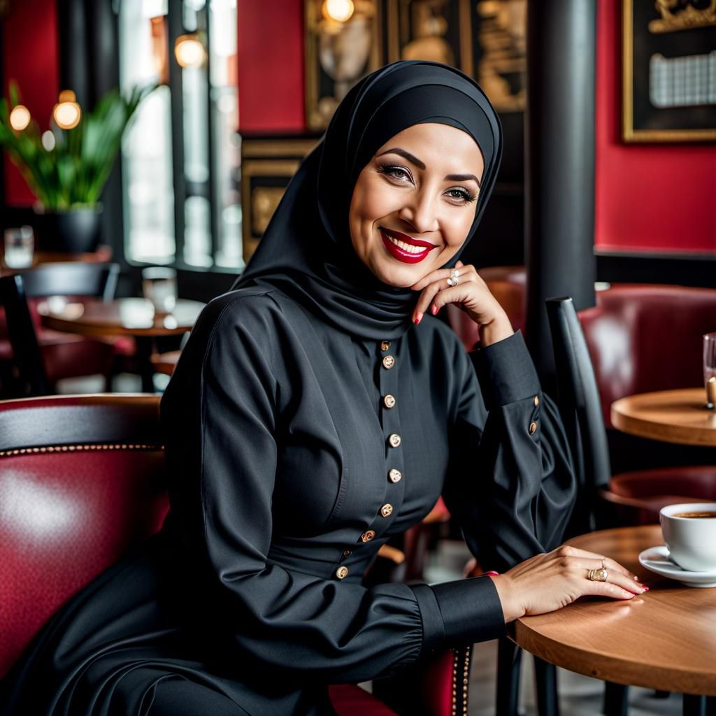 Realistic Portrait of Beautiful Hijabi Woman in Cafe