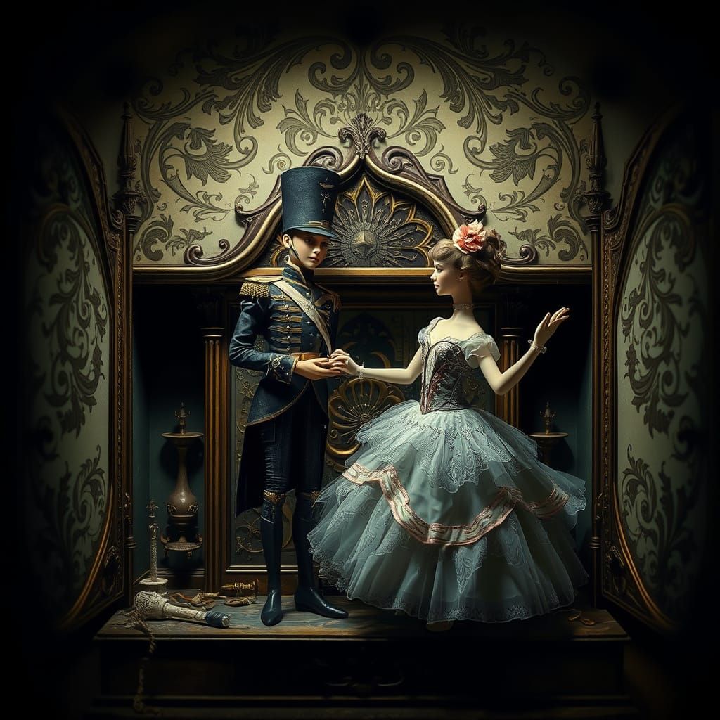 Tin Soldier and Ballerina in Abandoned Music Box