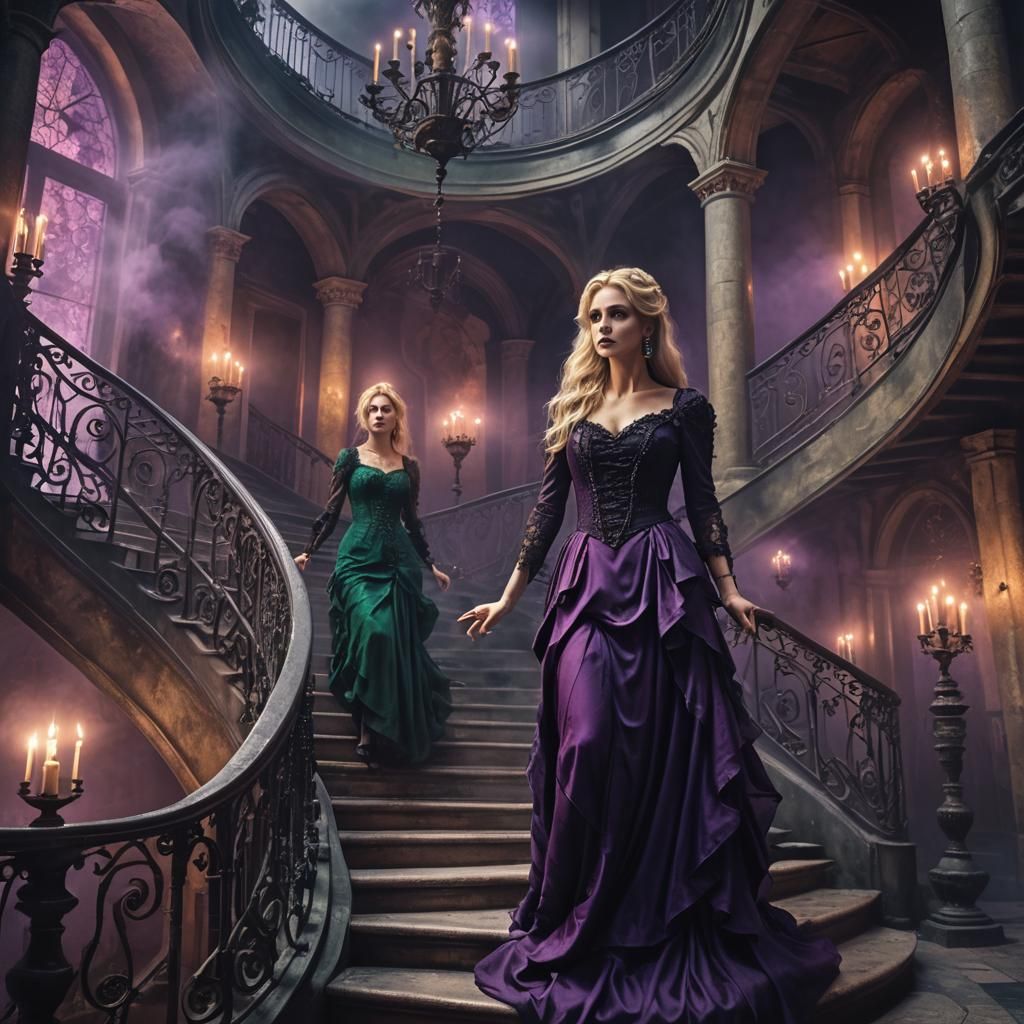 Gothic Horror Woman Descending Spiral Staircase