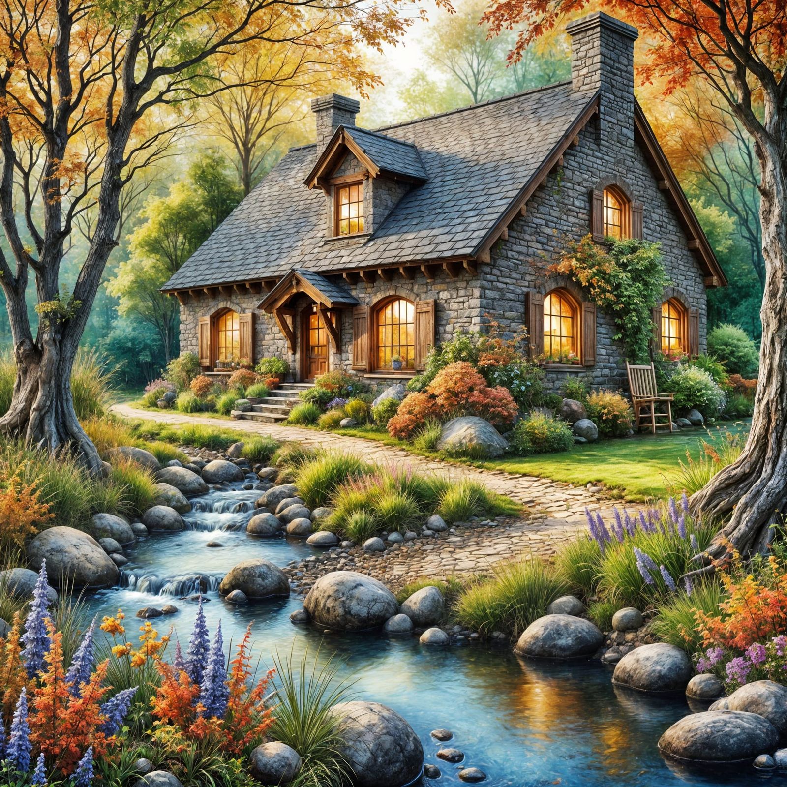 Autumn Cottage in Watercolor Style