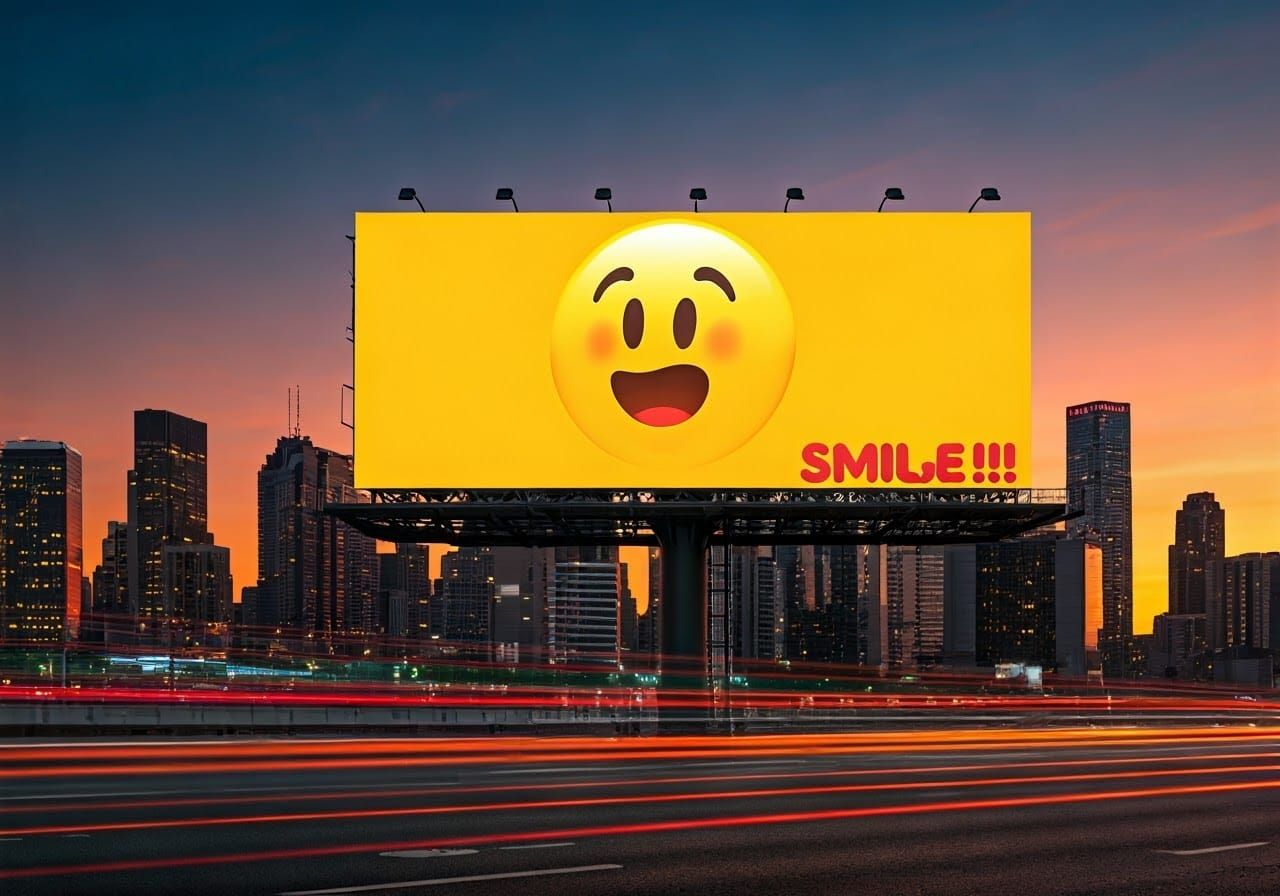 Energetic Billboard with Smiling Emoticon in Cityscape