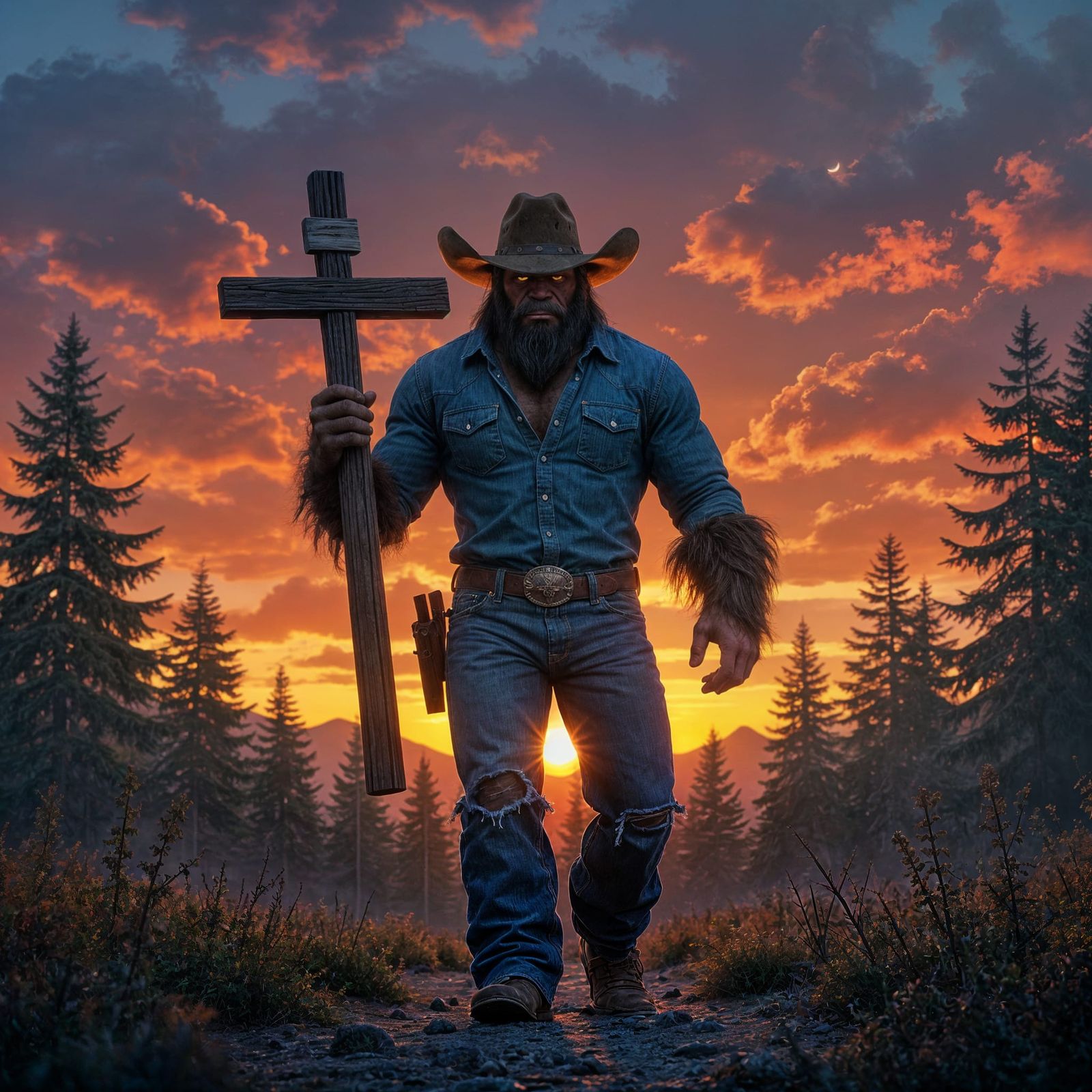 Muscular Sasquatch with Cross in Mystical Sunset Forest