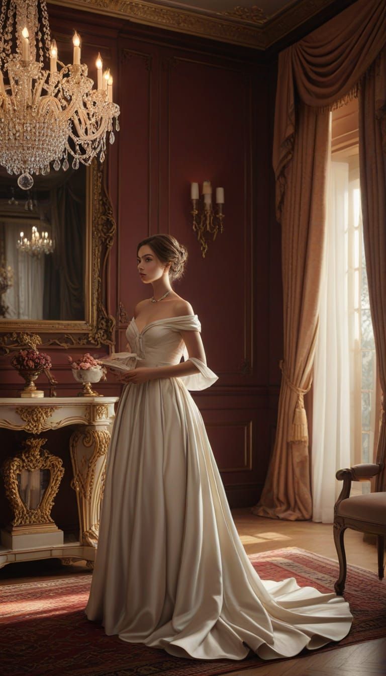 Elegant Woman Reading Letter in Classical Gouache Style