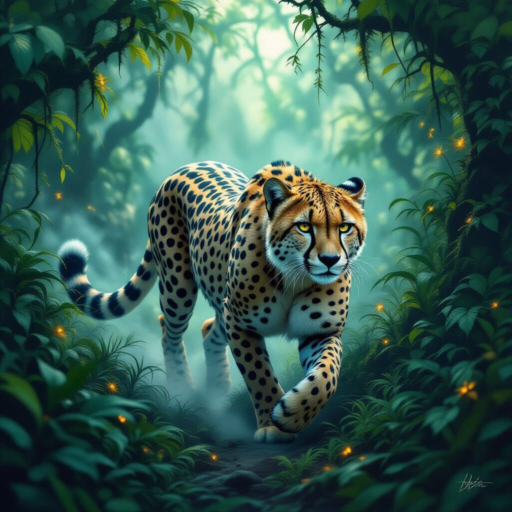 Majestic Cheetah in Mystical Halloween Jungle at Twilight