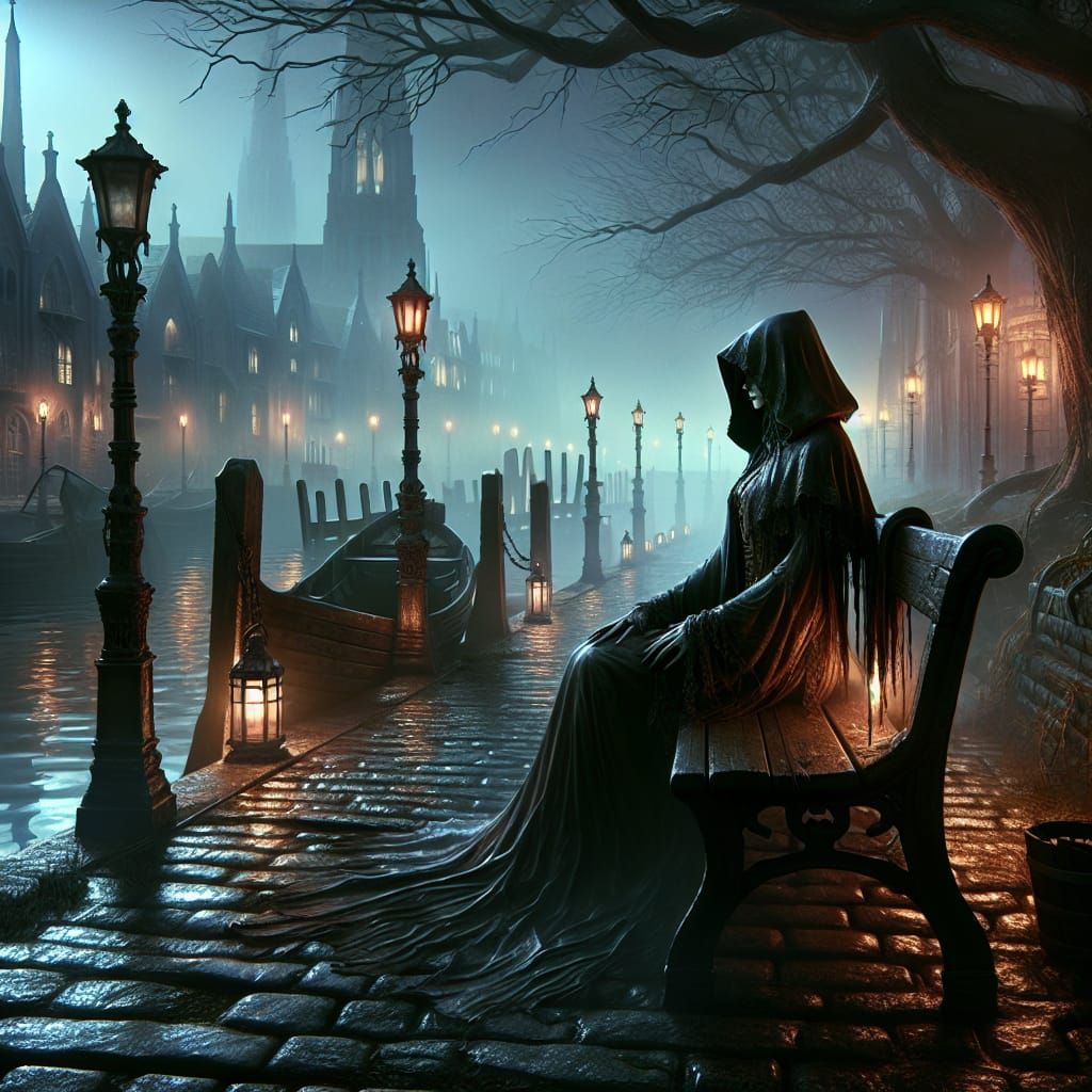Mysterious Woman on Foggy Quay: Concept Art