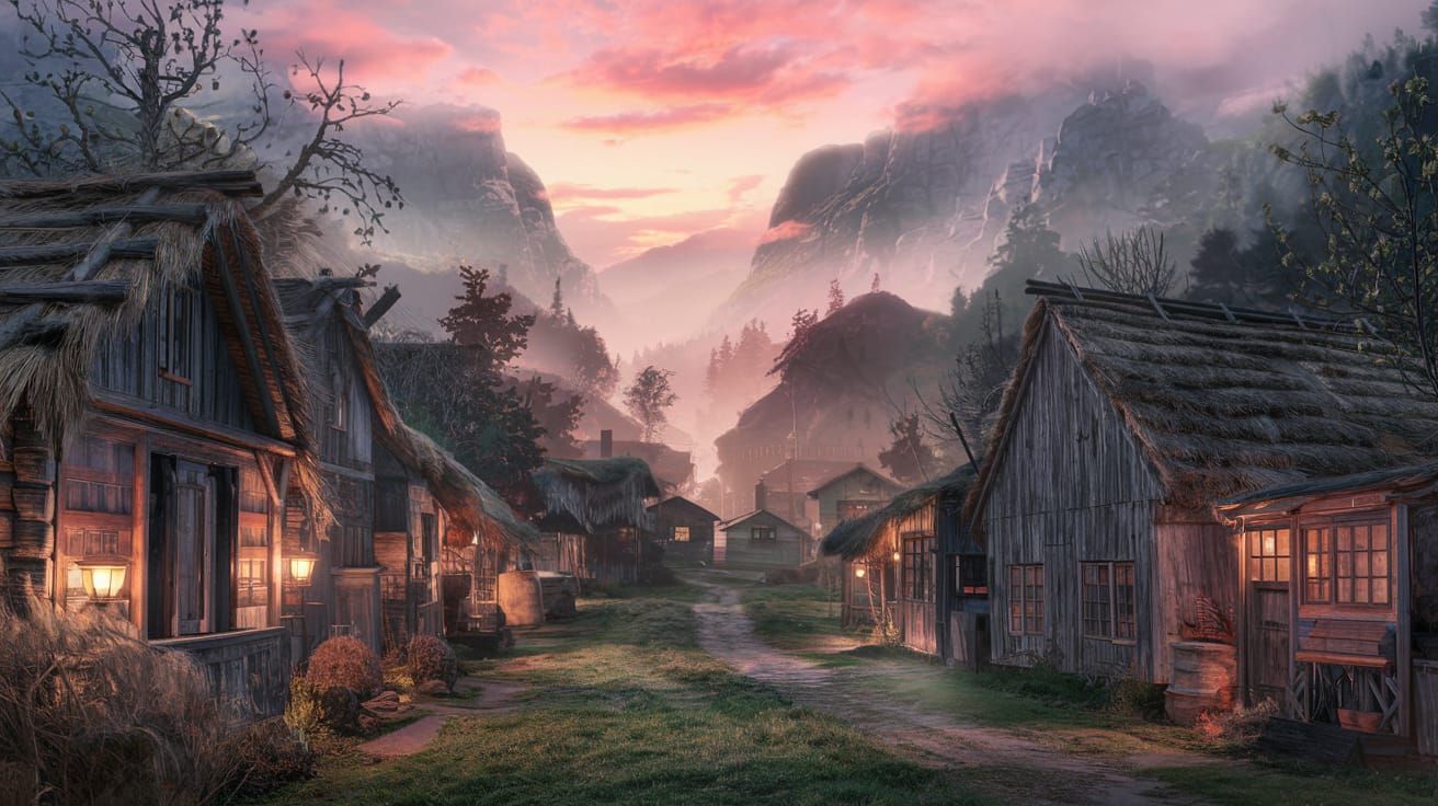 Misty Mountain Village at Dawn: Matte Painting