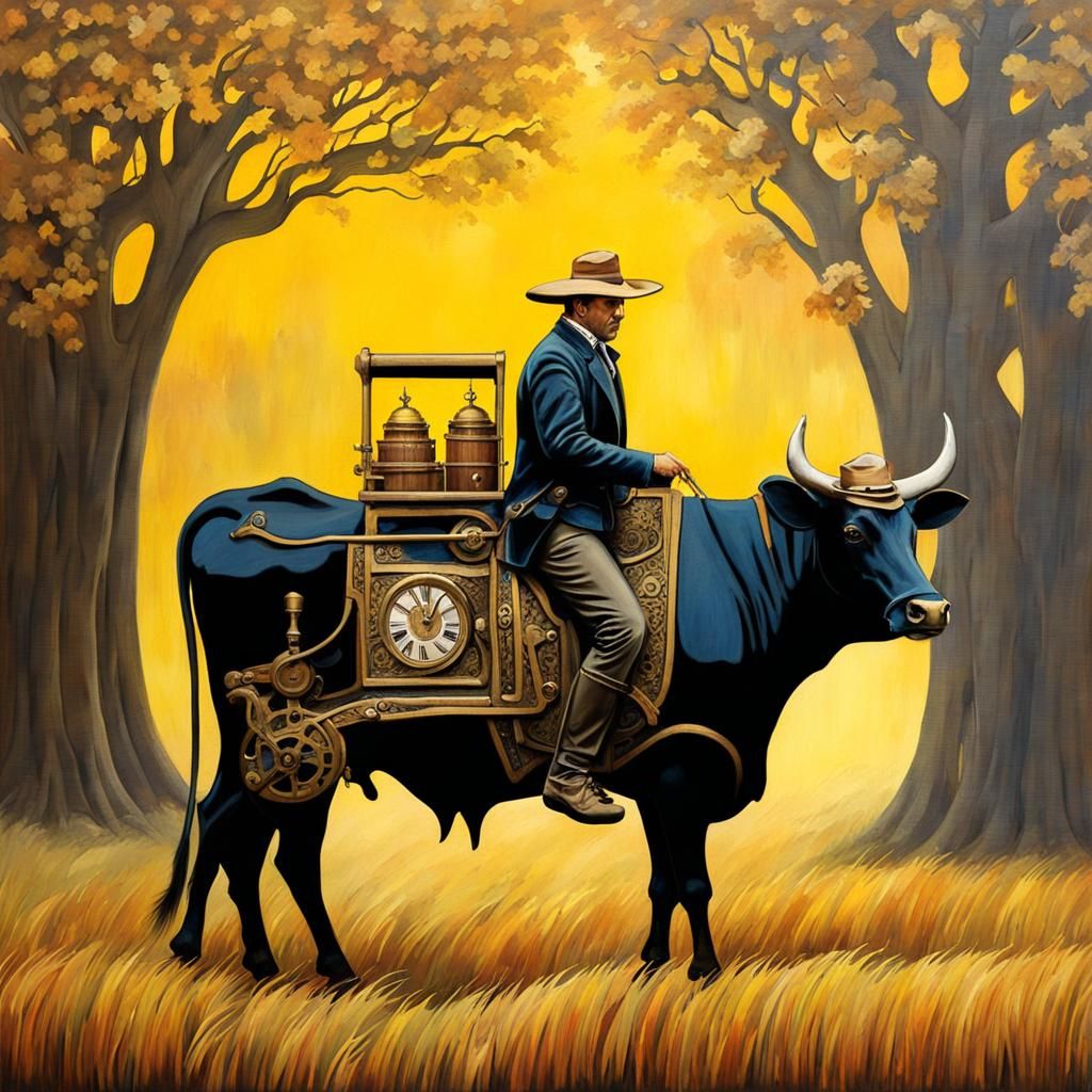 Clockwork Cow Led to Market in Clockpunk Style