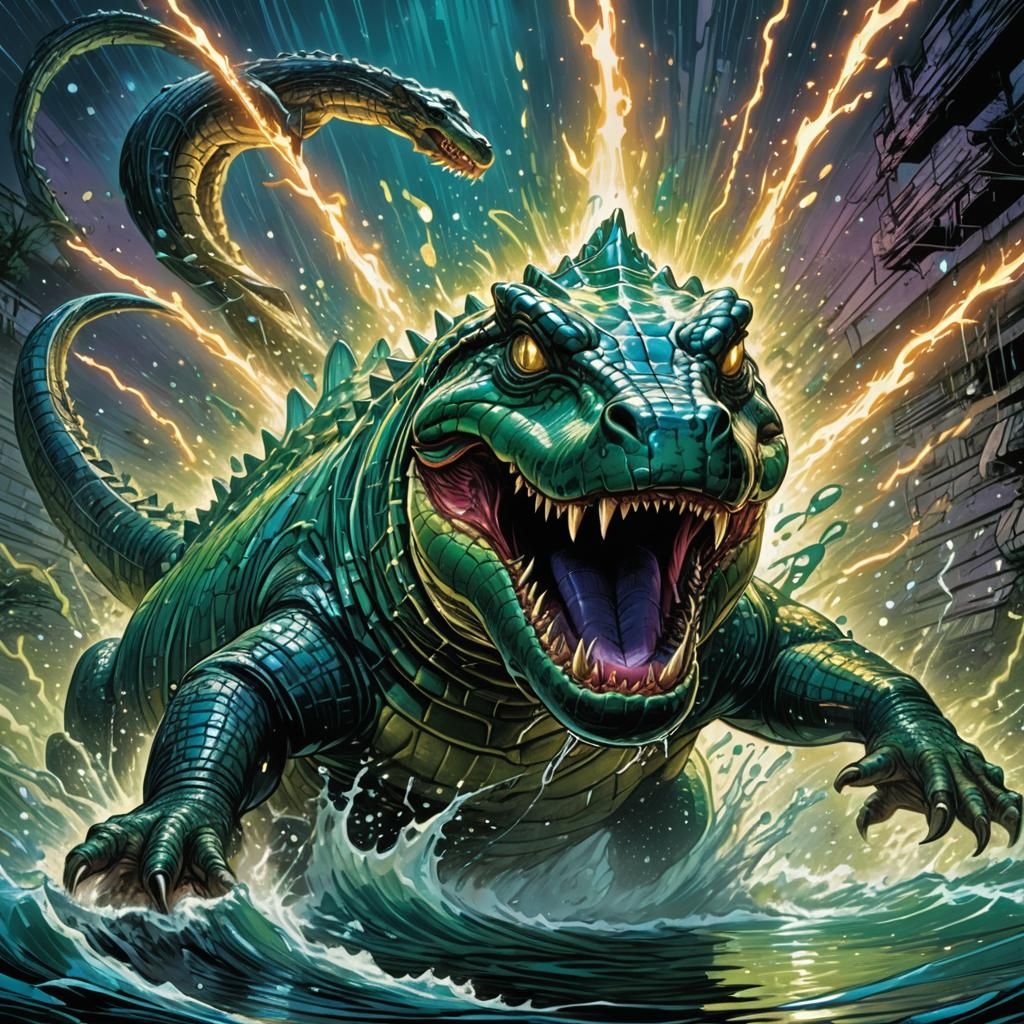 Crocodile and Eel Battle in Iridescent River