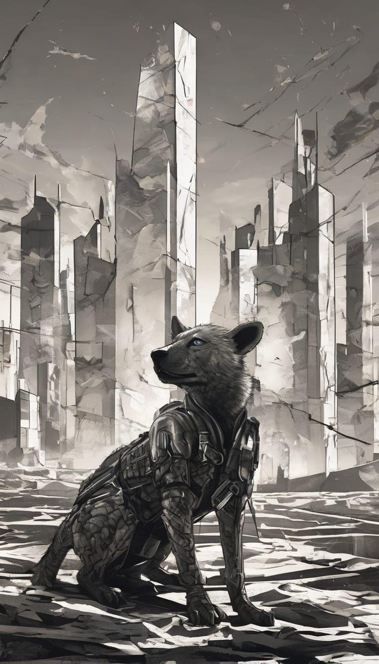 Dark Fantasy Hyena Warrior in Futuristic Cityscape