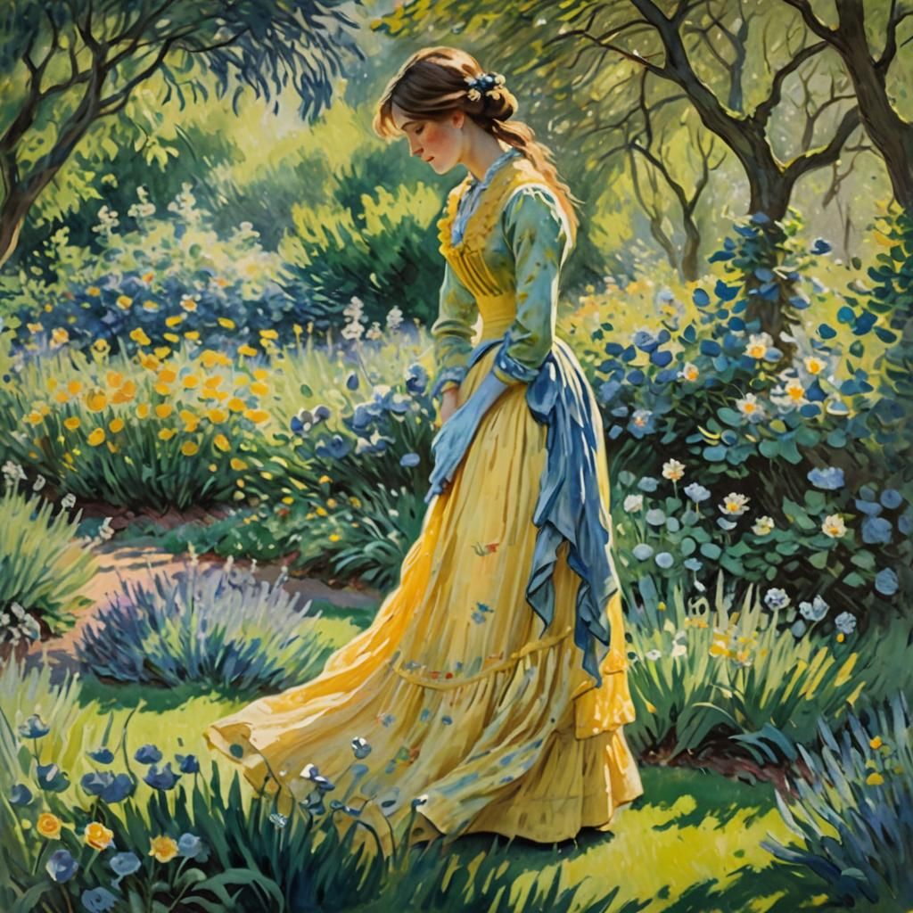 Woman in Blue Garden: Impressionistic Watercolor Pastel