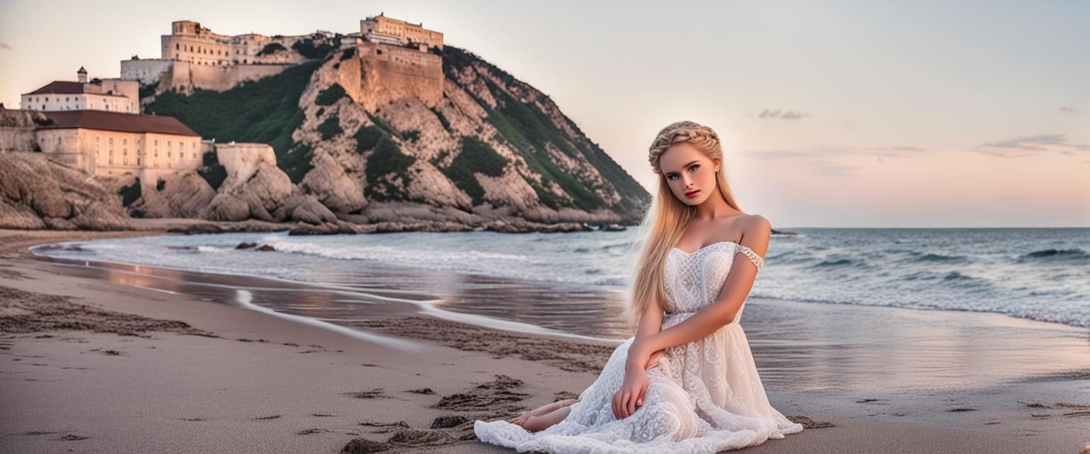 Slavic Beauty on Beach at Sunset: Photorealistic